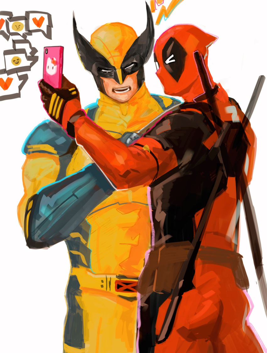 2boys, black_gloves, bodysuit, cellphone, deadpool, deadpool_&amp;_wolverine, deadpool_(series), gloves
