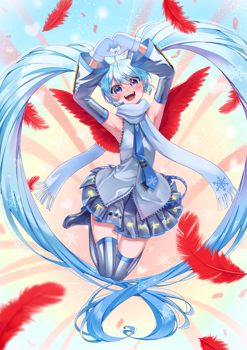 1girl, absurdres, armpits, blue_eyes, blue_hair, detached_sleeves, feathers, hair_ornament