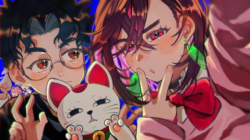 2boys, 4girls, animal_ears, ayase_momo, ayase_seiko, bell, black_choker, black_hair, black_jacket, blue_background, blush, bow, bowtie, brown_eyes, brown_hair, cat, cat_ears, chi_0729, choker, closed_mouth, collared_shirt, commentary_request, crossed_bangs, dandadan, double_v, earrings, enjoji_jin, floating_earrings, gakuran, glasses, grandmother_and_granddaughter, hair_behind_ear, hair_between_eyes, highres, jacket, jewelry, long_sleeves, looking_at_another, looking_at_viewer, maneki-neko, messy_hair, multiple_boys, multiple_girls, neck_bell, parted_lips, pink_hair, pink_sweater, red_bow, red_bowtie, red_eyes, round_eyewear, school_uniform, selfie, shiratori_aira_(dandadan), shirt, short_hair, sweater, takakura_ken_(dandadan), thick_eyebrows, turbo_granny_(dandadan), upper_body, v, white_hair, white_shirt