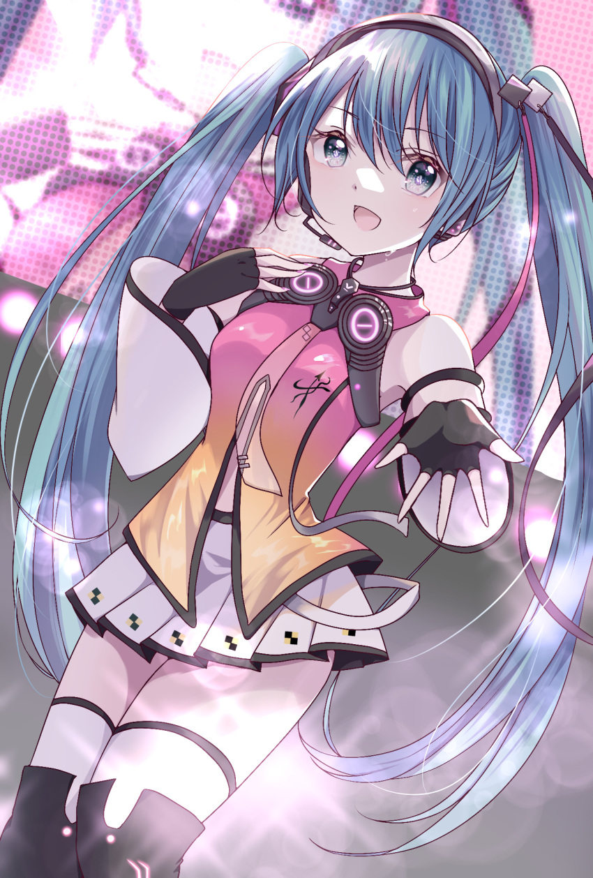 1girl, aqua_eyes, aqua_hair, blue_eyes, boots, detached_sleeves, dress, fingerless_gloves