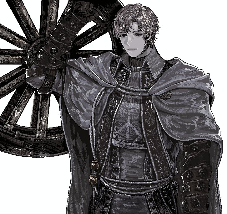 1boy, alfred_(bloodborne), arm_at_side, bloodborne, cloak, curtained_hair, gauntlets, gd1lv