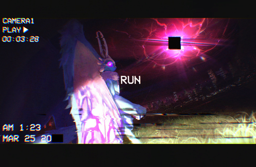 absurdres, antlers, blue_fur, blue_sclera, cityscape, clenched_hand, colored_sclera, fake_video