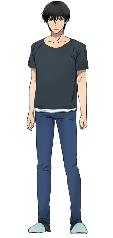1boy, anime_coloring, black_hair, black_shirt, black_socks, blue_eyes, closed_mouth, collarbone
