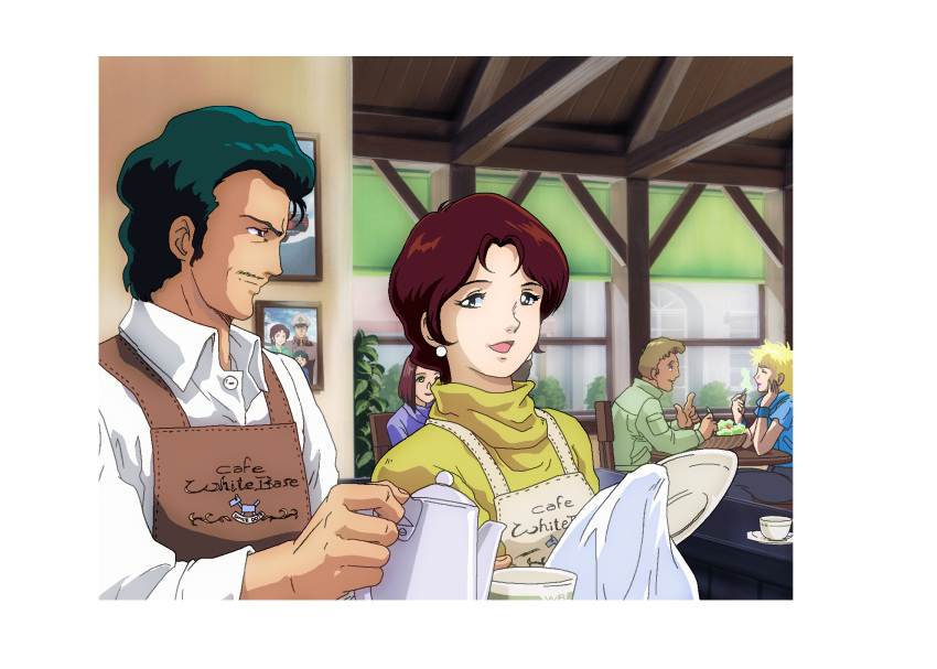 3boys, 3girls, alternate_universe, apron, astonaige_medoz, black_pants, blonde_hair, blue_shirt