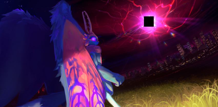 absurdres, antlers, blue_fur, blue_sclera, cityscape, clenched_hand, colored_sclera, fecto_elfilis