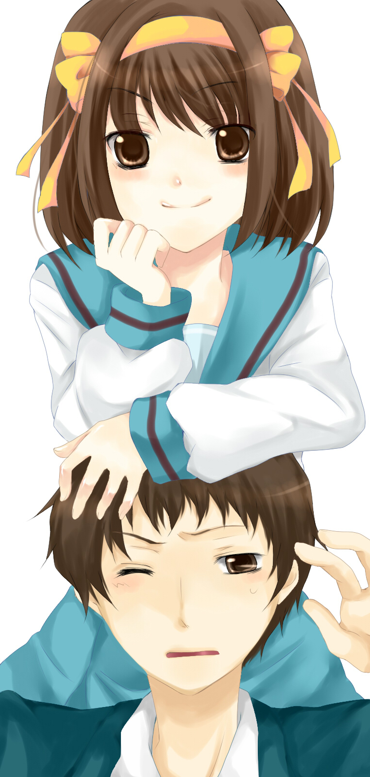 brown_eyes, brown_hair, hair_ribbon, hairband, highres, kyon, necktie, ribbon