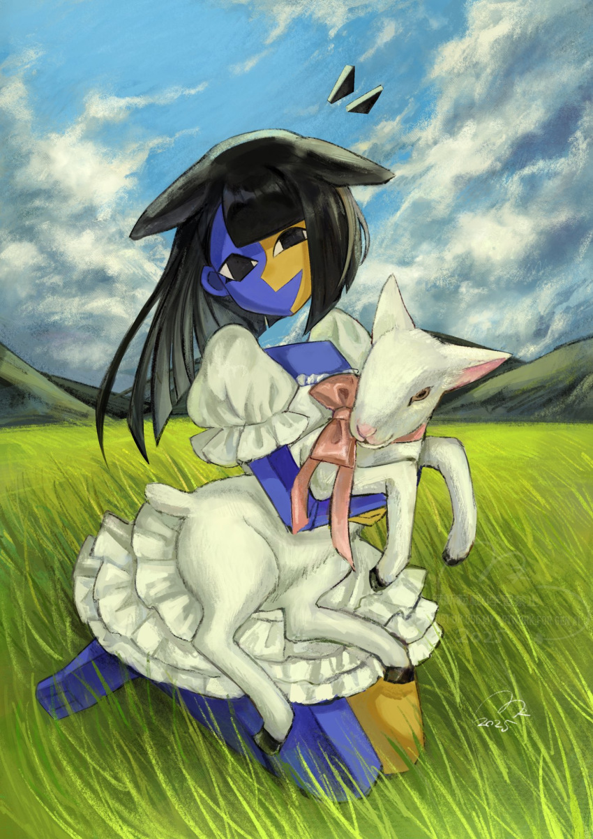1girl, :d, animal, animal_collar, animal_ears, asymmetrical_hair, baby_animal, barefoot, black_eyes, black_hair, blue_skin, blue_sky, blunt_bangs, blunt_ends, bow, clouds, cloudy_sky, collar, colored_skin, commentary, day, detached_hair, dress, ena_(ena), ena_(series), ena_(species), ena_(web_series), english_commentary, floating_hair, floating_head, frilled_dress, frills, full_body, grass, happy, happy_ena, highres, holding, holding_animal, kemonomimi_mode, lamb, long_hair, looking_at_viewer, low_poly, meadow, multicolored_skin, on_grass, open_mouth, outdoors, parted_bangs, pink_bow, puffy_short_sleeves, puffy_sleeves, seiza, sheep, sheep_ears, short_sleeves, signature, single_sidelock, sitting, sky, smile, solo, split-color_skin, square_neckline, sunlight, toes, two-tone_skin, usagimarumei, watermark, white_dress, yellow_skin