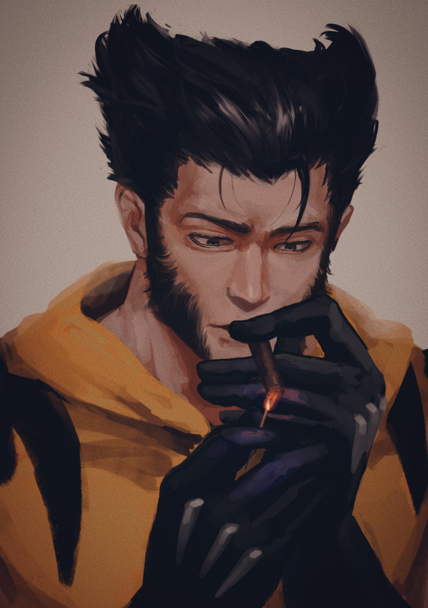 1boy, black_hair, blue_gloves, bodysuit, cigar, facial_hair, gloves, hamu_popopo