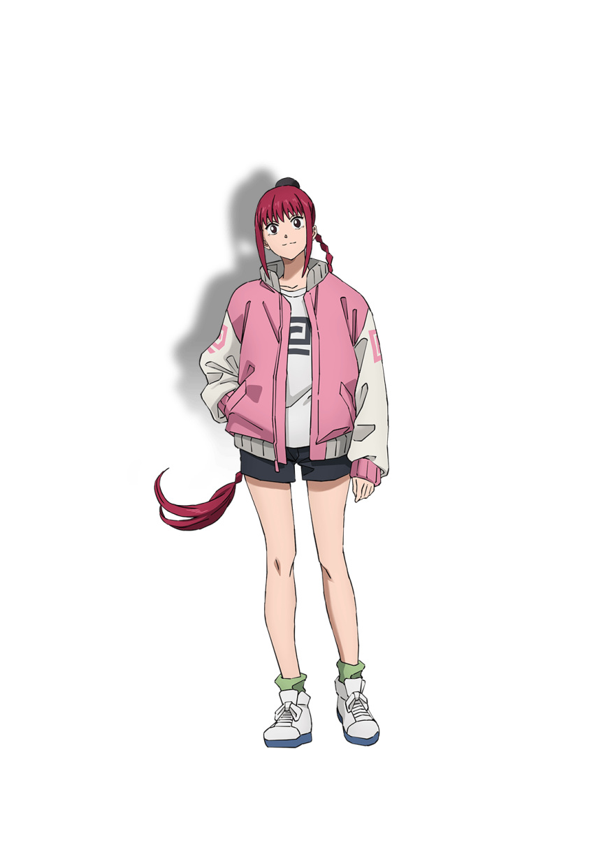 1girl, anime_coloring, black_shorts, braid, braided_ponytail, closed_mouth, collarbone, full_body, green_socks, hair_bun, highres, jacket, long_hair, long_sleeves, looking_at_viewer, lu_xiaotang, moriyama_you, official_art, open_clothes, open_jacket, pink_jacket, red_eyes, red_hair, sakamoto_days, shirt, shoes, short_hair, short_shorts, shorts, simple_background, smile, socks, solo, standing, thighs, transparent_background, white_shirt, white_shoes