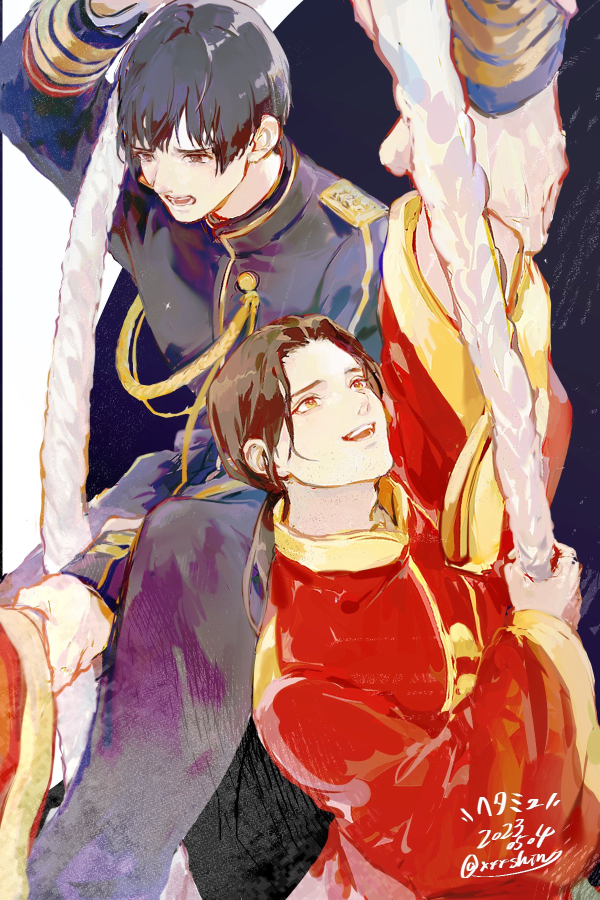 2boys, aiguillette, arm_up, artist_name, axis_powers_hetalia, black_background, black_hair, black_jacket, black_pants, brown_eyes, brown_hair, buttons, changpao, china_(hetalia), chinese_clothes, commentary_request, dated, feet_out_of_frame, gold_trim, hand_up, highres, holding, holding_another's_wrist, holding_rope, jacket, japan_(hetalia), long_hair, long_sleeves, looking_at_another, looking_down, looking_up, low_ponytail, male_focus, mandarin_collar, military_jacket, military_uniform, multiple_boys, multiple_views, open_mouth, orange_eyes, pants, ponytail, red_shirt, rope, shinxxx000, shirt, short_hair, sidelocks, smile, teeth, two-tone_background, upper_body, white_background, wide_sleeves