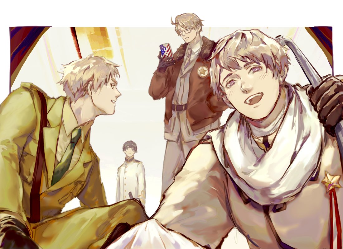4boys, ahoge, america_(hetalia), american_flag, american_flag_print, axis_powers_hetalia, bandaged_neck, bandages, belt, black-framed_eyewear, black_belt, black_boots, black_eyes, black_gloves, black_hair, blonde_hair, blue_eyes, blush, boots, border, breast_pocket, brown_coat, brown_gloves, brown_jacket, brown_necktie, buttons, cellphone, closed_mouth, coat, collared_coat, collared_shirt, commentary_request, cowboy_shot, flag_print, fur-trimmed_jacket, fur_trim, glasses, gloves, green_eyes, green_jacket, green_necktie, green_pants, grey_hair, grey_jacket, grey_pants, half-closed_eyes, hand_in_pocket, hand_up, holding, holding_lead_pipe, holding_phone, jacket, japan_(hetalia), lapels, lead_pipe, long_sleeves, looking_at_another, looking_at_phone, looking_at_viewer, male_focus, medal, military, military_jacket, military_uniform, multiple_boys, necktie, open_clothes, open_jacket, open_mouth, outside_border, pants, phone, pocket, puffy_long_sleeves, puffy_sleeves, russia_(hetalia), scarf, semi-rimless_eyewear, shinxxx000, shirt, short_hair, sitting, smartphone, smile, standing, star_(symbol), star_ornament, star_print, teeth, united_kingdom_(hetalia), v-shaped_eyebrows, violet_eyes, white_border, white_jacket, white_scarf, yellow_shirt