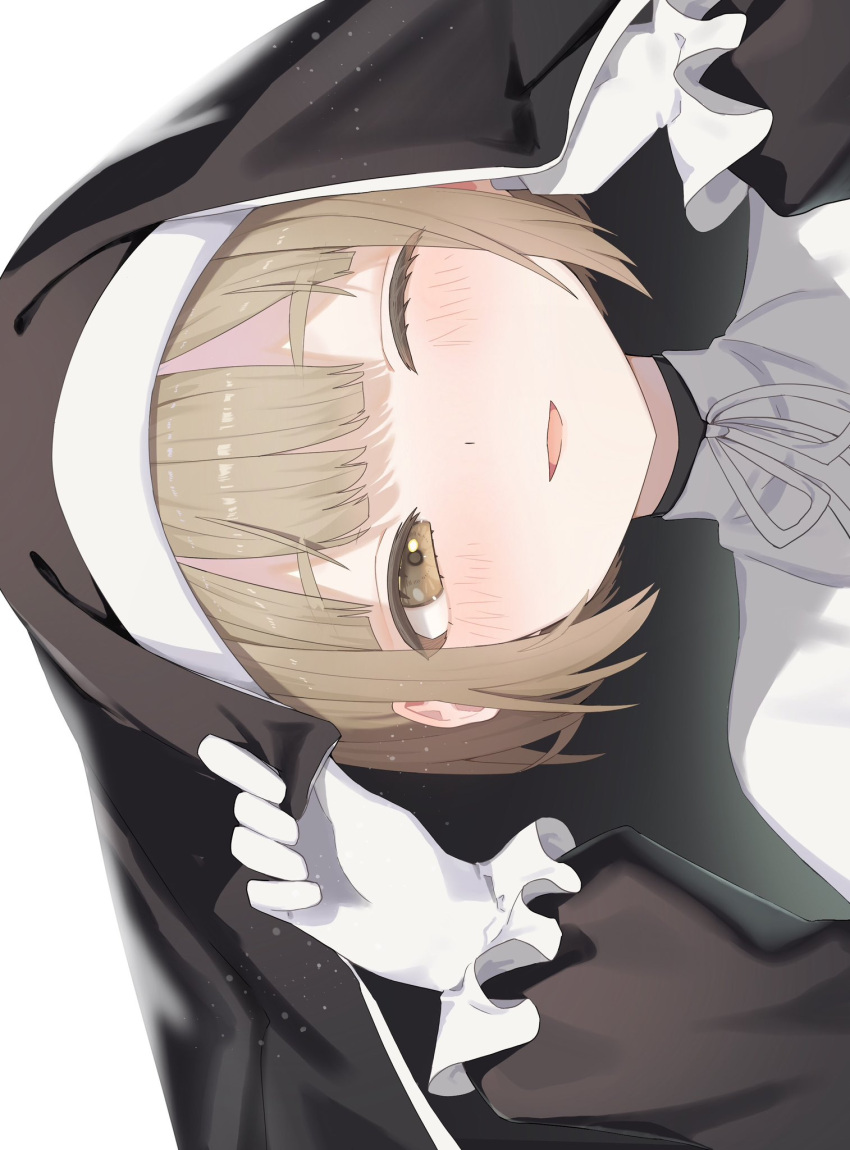 1girl, ;d, blunt_bangs, blush, brown_eyes, brown_hair, capelet, center-flap_bangs, choppy_bangs, double-parted_bangs, frilled_gloves, frills, gloves, guimpe, high_collar, highres, looking_at_viewer, neck_ribbon, nijisanji, noko_(nowako33), nun, one_eye_closed, open_mouth, ribbon, self-borrowed_hairstyle, short_hair, sideways, simple_background, sister_claire, sister_claire_(1st_costume), smile, solo, traditional_nun, virtual_youtuber, white_background, white_capelet, white_gloves, white_ribbon