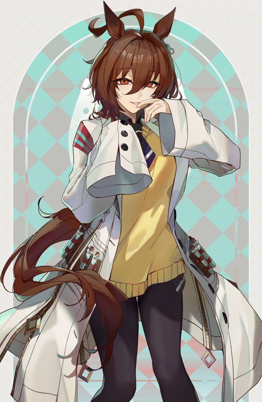 1girl, absurdres, agnes_tachyon_(umamusume), ahoge, animal_ears, black_necktie, brown_hair, coat