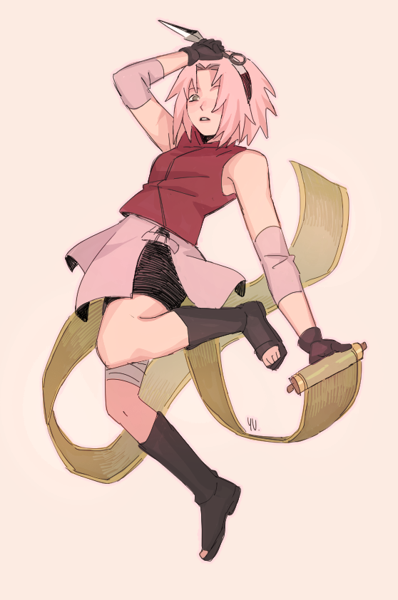1girl, bandaged_leg, bandages, bare_shoulders, bike_shorts, black_boots, black_gloves, black_shorts, boots, breasts, buckle, elbow_pads, elbow_sleeve, forehead_protector, gloves, green_eyes, hairband, haruno_sakura, hatching_(texture), holding, holding_kunai, holding_scroll, holding_weapon, kunai, lariily, leg_up, linear_hatching, medium_breasts, medium_hair, miniskirt, narrow_waist, naruto_(series), naruto_shippuuden, open-toe_boots, pink_hair, pink_skirt, red_hairband, red_shirt, scroll, shirt, short_hair, shorts, skirt, skirt_cutout, sleeveless, sleeveless_shirt, solo, toes, weapon, zipper