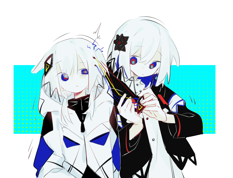 2girls, android, black_jacket, black_shirt, blue_eyes, cable, cevio, coat, dress, flinch, hair_ornament, hood, hooded_coat, jacket, kafu_(cevio), kamitsubaki_studio, long_sleeves, looking_at_another, motion_lines, multiple_girls, rime_(cevio), rofoing, shirt, short_hair, turtleneck, upper_body, white_coat, white_dress, white_hair