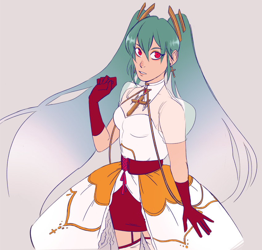 1girl, breasts, cross, drawfee, gloves, gradient_hair, green_hair, hair_between_eyes