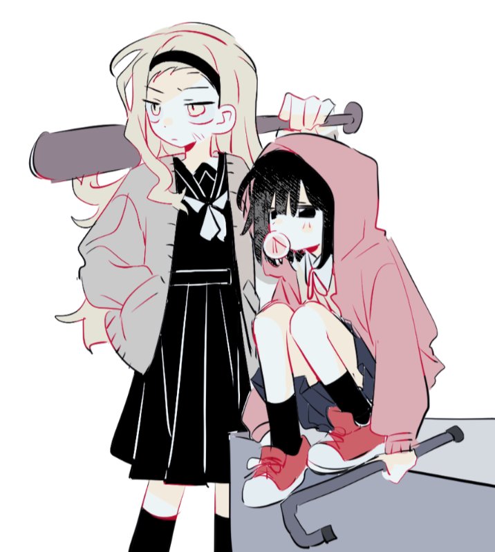 2girls, baseball_bat, black_eyes, black_hair, black_shirt, black_skirt, black_socks, blonde_hair, blowing_bubble_gum, blue_skirt, cane, cardigan, carrying_over_shoulder, chewing_gum, closed_mouth, grey_jacket, hairband, hand_in_pocket, holding, holding_baseball_bat, holding_cane, hood, hooded_jacket, jacket, kirarazaka_marina, kuze_shizuka, long_hair, long_sleeves, multiple_girls, pink_jacket, red_shoes, rofoing, shirt, shoes, short_hair, simple_background, sitting, skirt, sneakers, socks, standing, takopii_no_genzai, white_background, yellow_eyes