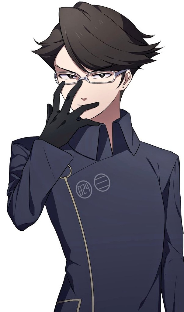 1boy, adjusting_eyewear, black_gloves, black_hair, blue_jacket, brown_eyes, buttons, double-breasted