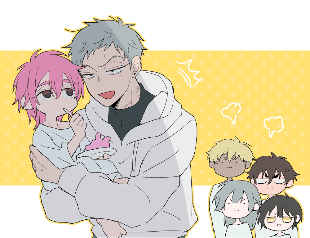 alien_stage, black_eyes, black_hair, black_shirt, brown_hair, carrying, carrying_person, child