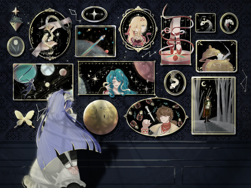 1girl, apron, arms_behind_back, black_background, black_dress, blue_hair, bug, butterfly