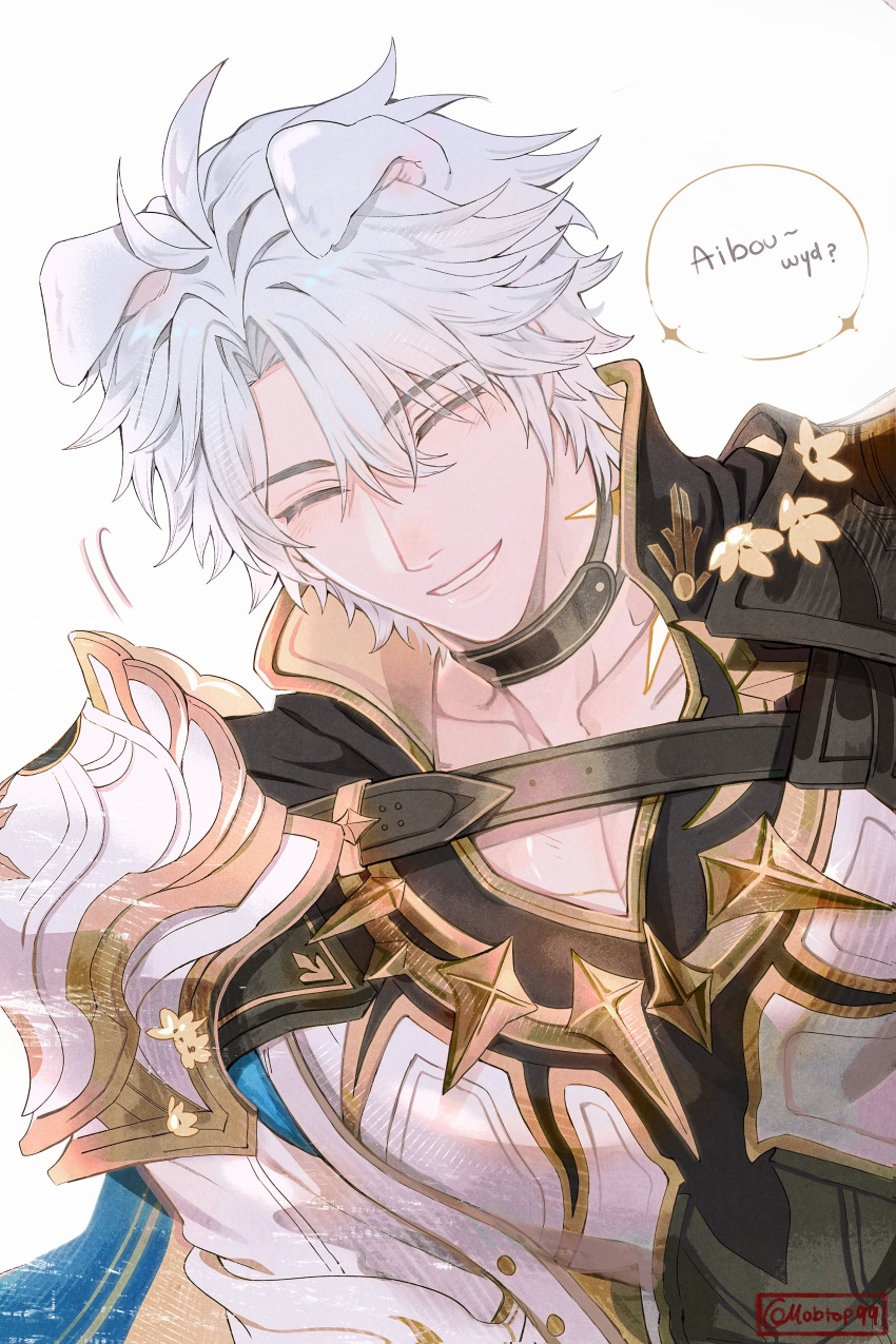1boy, absurdres, animal_ears, antenna_hair, armor, belt, black_choker, blue_cape
