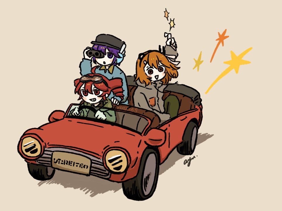 3girls, a.i._voice, adachi_rei, ahoge, ayuuu65, binoculars, black_hat, blue_shirt