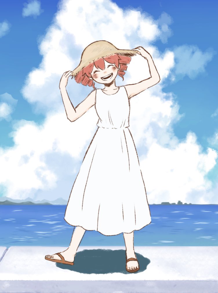 1girl, alternate_costume, ayuuu65, bare_arms, blush, closed_mouth, clouds, day