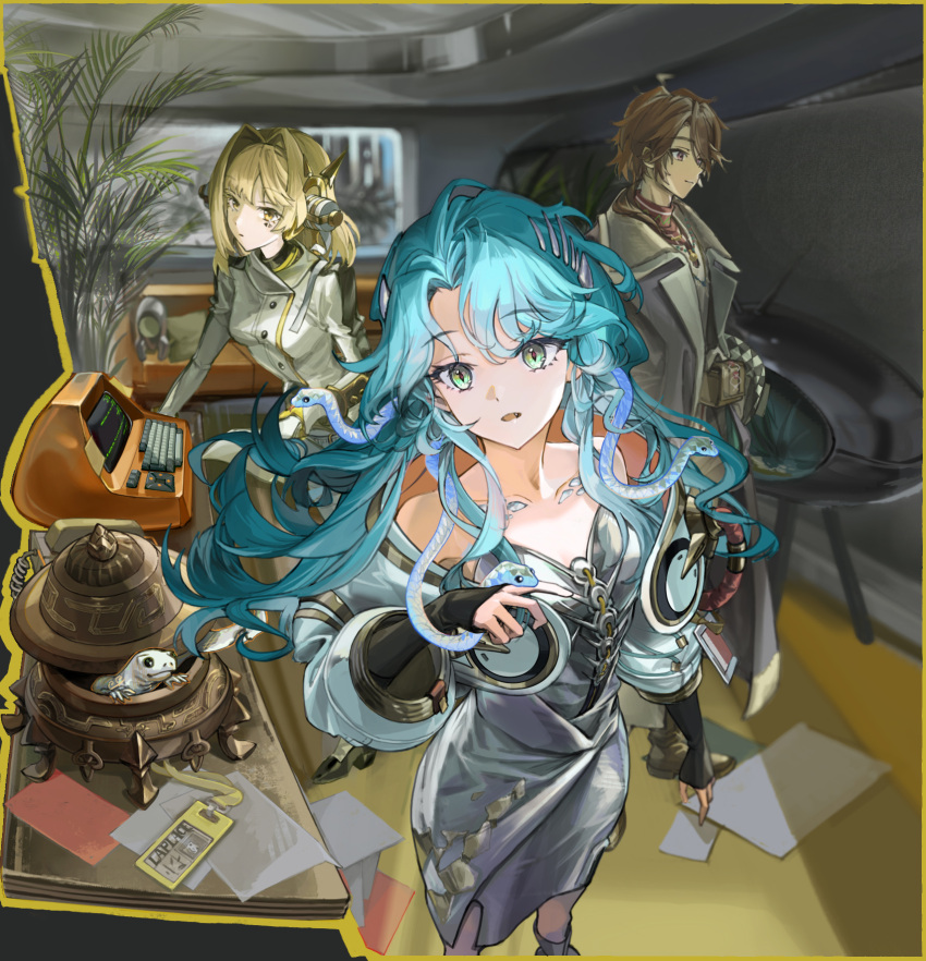 1boy, 2girls, :o, bare_shoulders, blonde_hair, blue_hair, brown_hair, coat