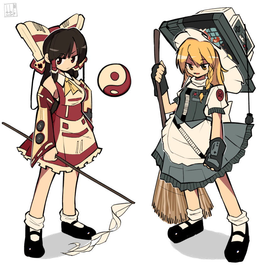 2girls, adapted_costume, controller, duck_hunt, dushiido, famicom, famicom_gamepad, game_cartridge, game_console, game_controller, hakurei_reimu, highres, kirisame_marisa, multiple_girls, nes, nes_cartridge, nes_gamepad, power_glove_(nintendo), super_mario_bros., super_mario_bros._1, touhou