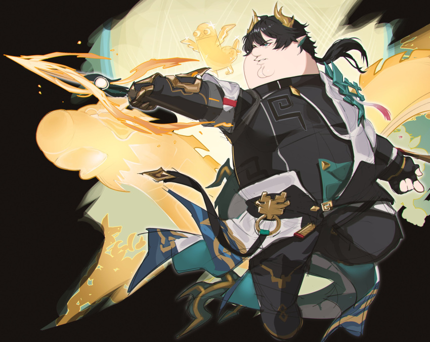 1boy, absurdres, aqua_tail, black_gloves, black_hair, black_jacket, black_pants, blue_eyes