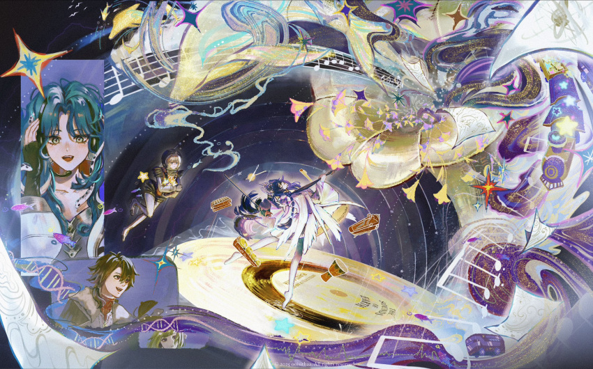 1boy, 4girls, :d, astronaut, beamed_eighth_notes, blonde_hair, blue_eyes, blue_hair