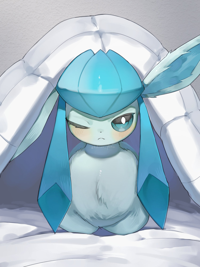 1other, animal_ears, blanket, blue_eyes, blue_fur, blush, closed_mouth, glaceon