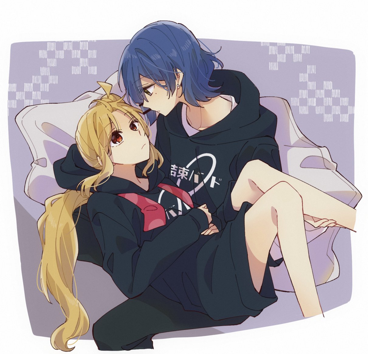 2girls, ahoge, black_hoodie, blonde_hair, blue_hair, bocchi_the_rock!, closed_mouth, commentary