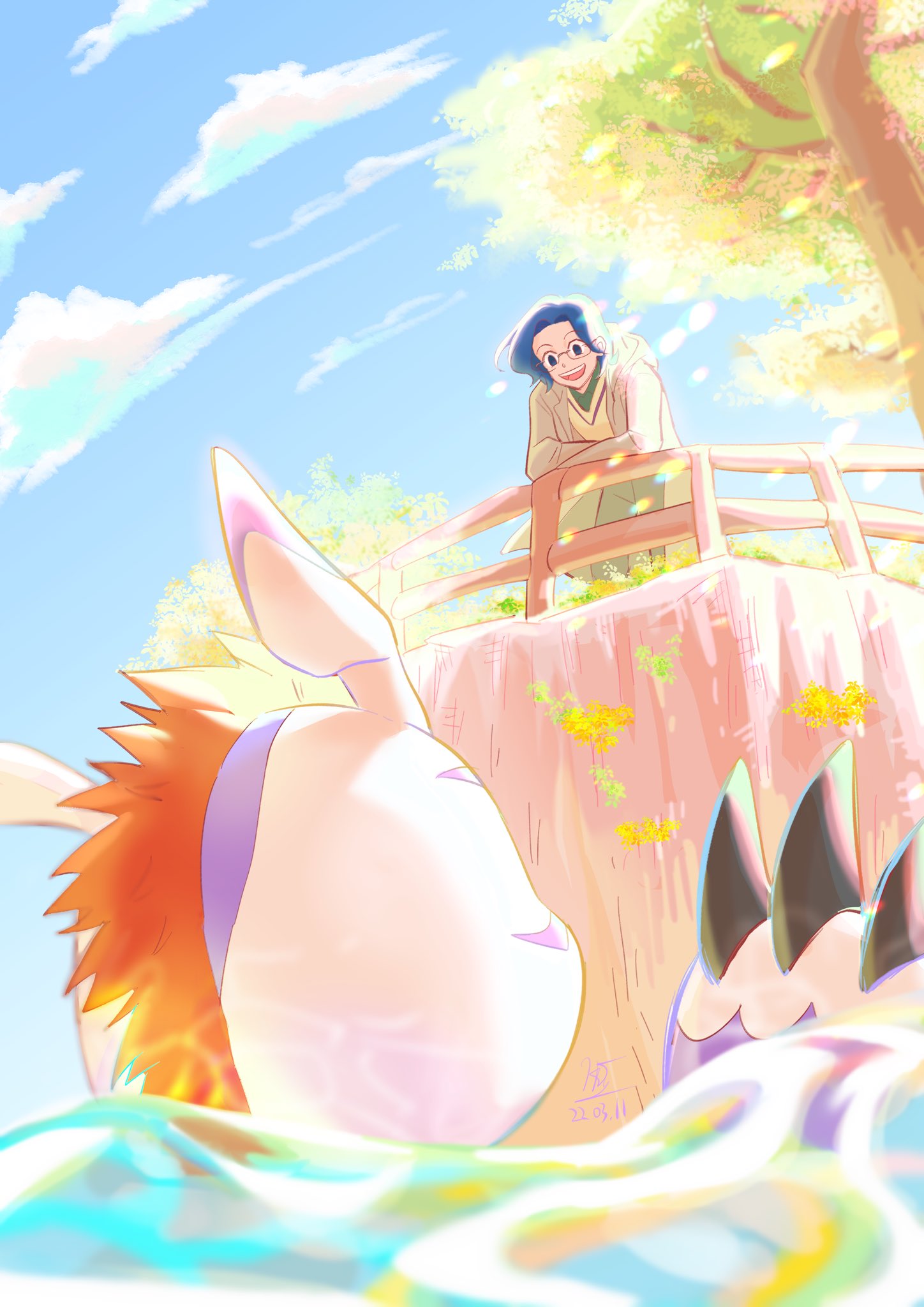 1boy, blue_eyes, blue_hair, blue_sky, brown_coat, claws, clouds, coat, dated, day, digimon, digimon_(creature), digimon_adventure_02, fence, glasses, gomamon, highres, kido_jo, looking_at_another, open_clothes, open_coat, open_mouth, orange_hair, outdoors, pqtiger, short_hair, signature, sky, tree, water, white_fur, wooden_fence, zettai_ryouiki