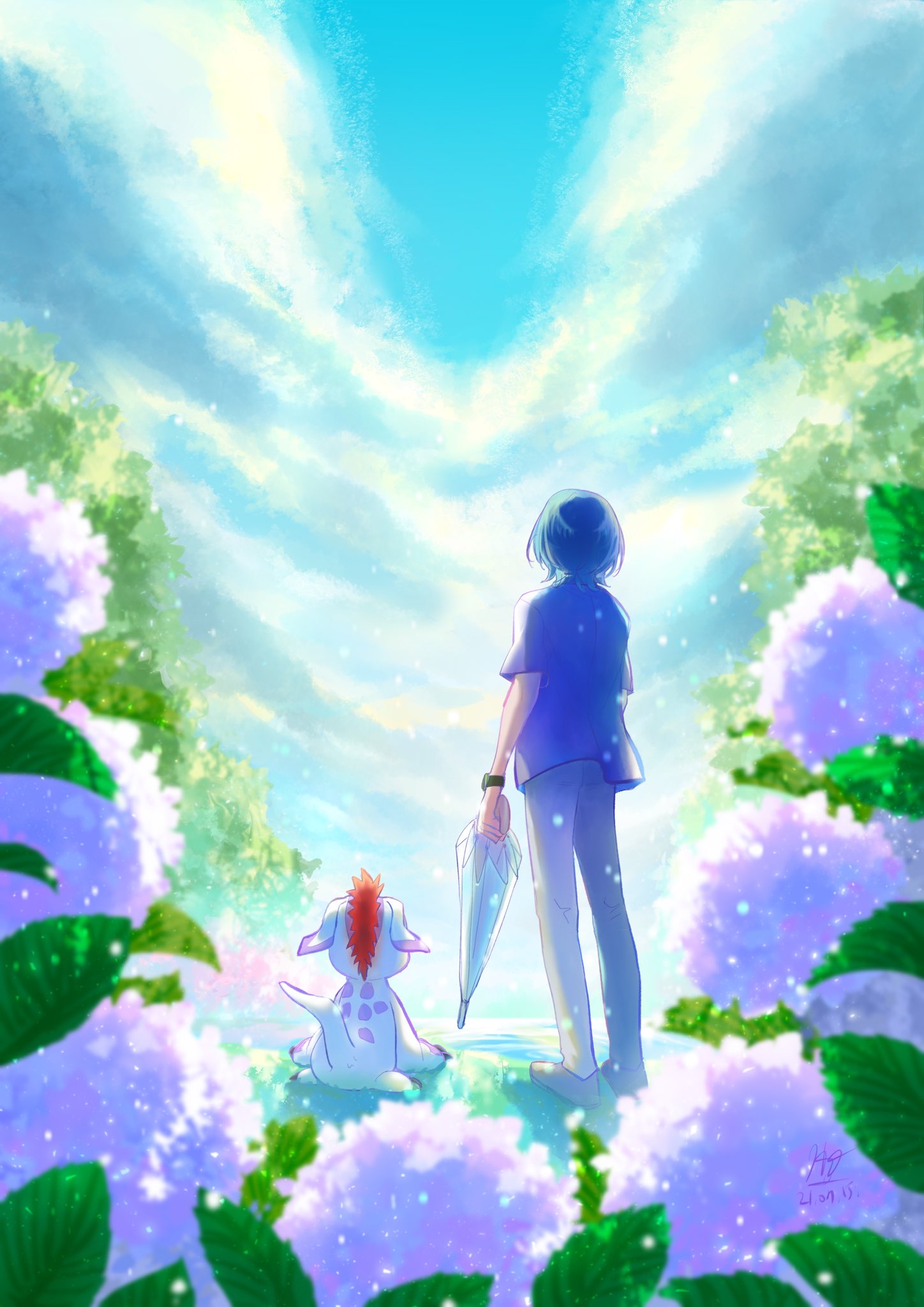 1boy, blue_hair, blue_pants, blue_shirt, blue_sky, blurry, blurry_foreground, clouds, day, depth_of_field, digimon, digimon_(creature), digimon_adventure_02, flower, from_behind, gomamon, highres, hydrangea, kido_jo, leaf, orange_hair, outdoors, pants, pqtiger, purple_flower, shirt, short_hair, short_sleeves, sky, standing, umbrella, white_fur