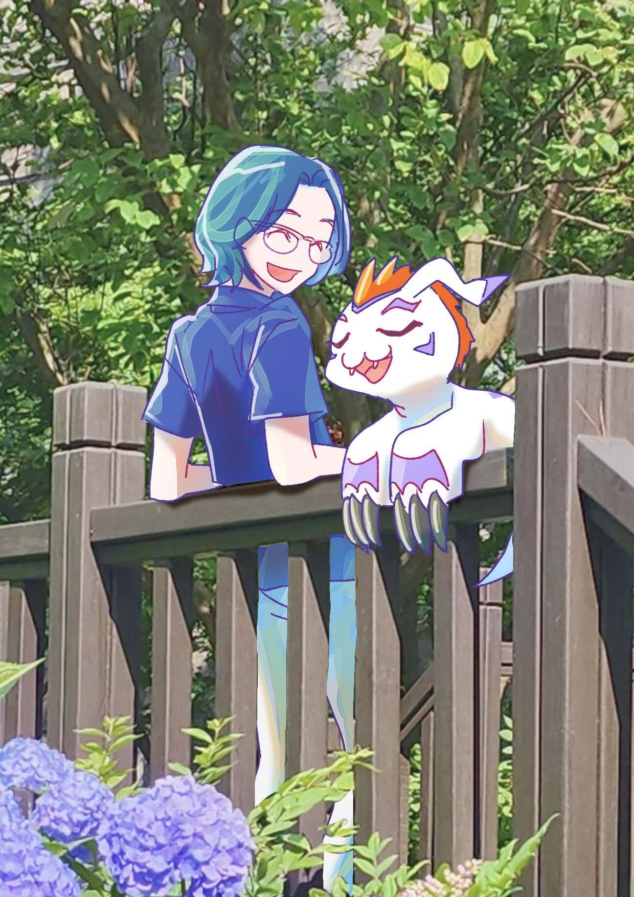1boy, antennae, blue_hair, blue_pants, blue_shirt, claws, closed_eyes, day