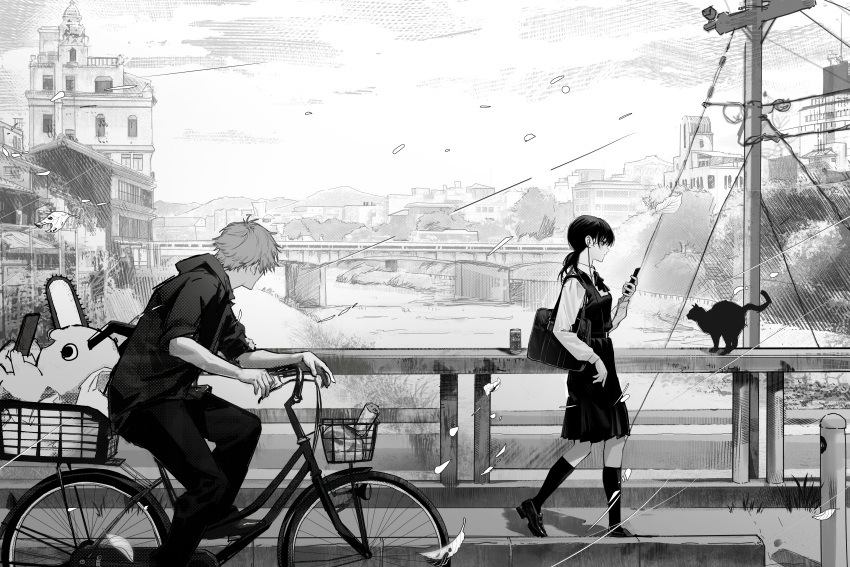 1boy, 1girl, absurdres, bag, bicycle, bicycle_basket, bridge, building