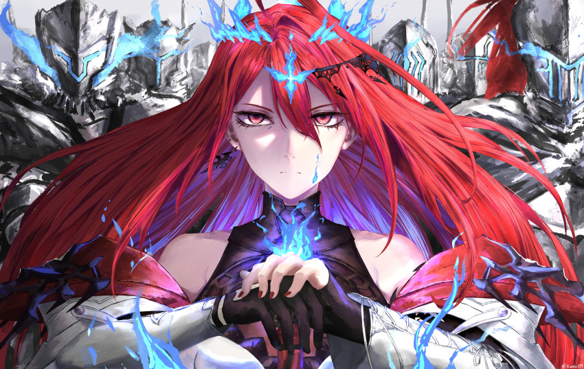 1girl, 6+others, absurdres, ahoge, armor, blue_fire, blue_hair, colored_inner_hair