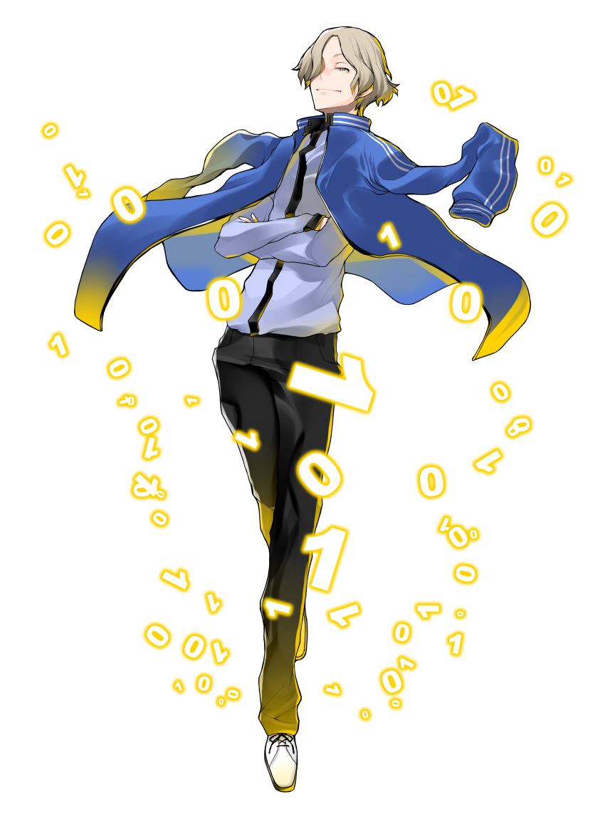1boy, absurdres, black_pants, blonde_hair, blue_jacket, blue_shirt, brown_eyes, brown_shoes, crossed_arms, digimon, digimon_story:_cyber_sleuth, digimon_story:_cyber_sleuth_-_hacker's_memory, full_body, hair_over_one_eye, highres, imai_chitose, jacket, jacket_on_shoulders, light_smile, looking_at_viewer, official_art, open_clothes, open_jacket, pants, shirt, shoes, short_hair, simple_background, solo, transparent_background