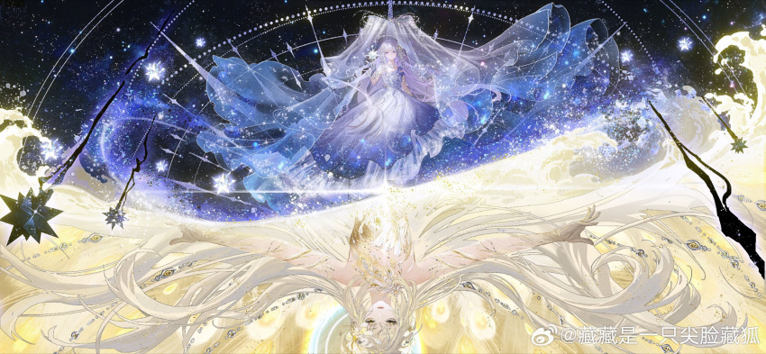 2girls, bare_shoulders, blonde_hair, by_stars_be_sworn_(shining_nikki), circlet, clock, dress, eclipse_of_eternal_day_(shining_nikki)