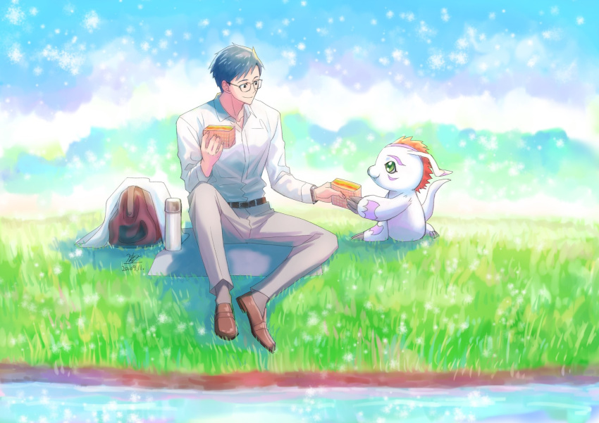 1boy, alternate_costume, blue_hair, brown_bag, brown_shoes, collared_shirt, day, digimon