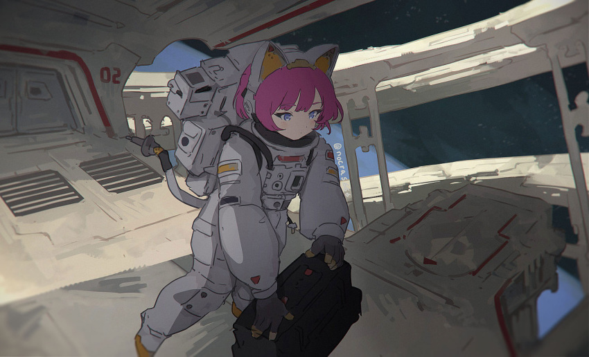 1girl, animal_ear_headphones, animal_ears, astronaut, baggy_clothes, bespin, black_gloves, blue_eyes