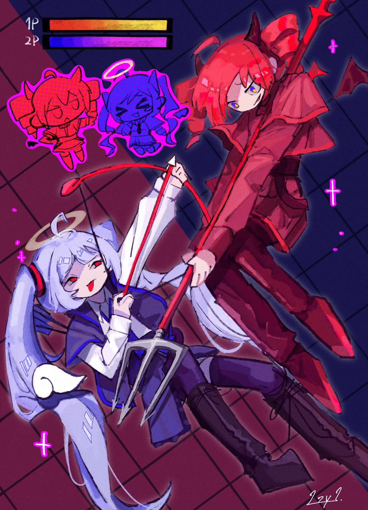 >_<, 2girls, ahoge, arrow_(projectile), belt, black_boots, blue_eyes, blue_hair