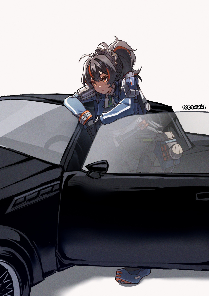 1girl, absurdres, artist_name, black_car, black_pants, blue_jacket, blue_shoes, car, checkered_necktie, gnx_(kendrick_lamar), hairband, high-waist_pants, highres, holster, jacket, looking_ahead, metal_hairband, motor_vehicle, multicolored_hair, necktie, pants, police, police_uniform, policewoman, ponytail, red_eyes, red_hair, serious, shoes, shoulder_holster, solo, streaked_hair, white_background, wokiiarts, zenless_zone_zero, zhu_yuan