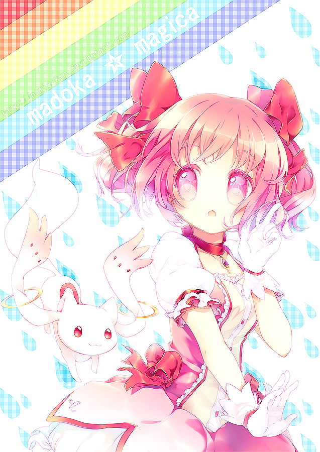 artist_request, bow, breasts, bubble_skirt, choker, gloves, hair_bow, kaname_madoka