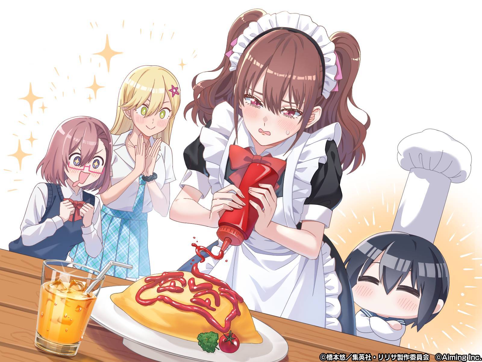 2.5_jigen_no_ririsa, 2.5_jigen_no_ririsa_tenshitachi_no_stage, 4girls, =_=, alternate_costume, amano_ririsa, apron, aqua_necktie