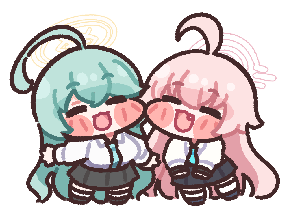 2girls, blue_archive, blush_stickers, bugi_33, chibi, chibi_only, closed_eyes, fang