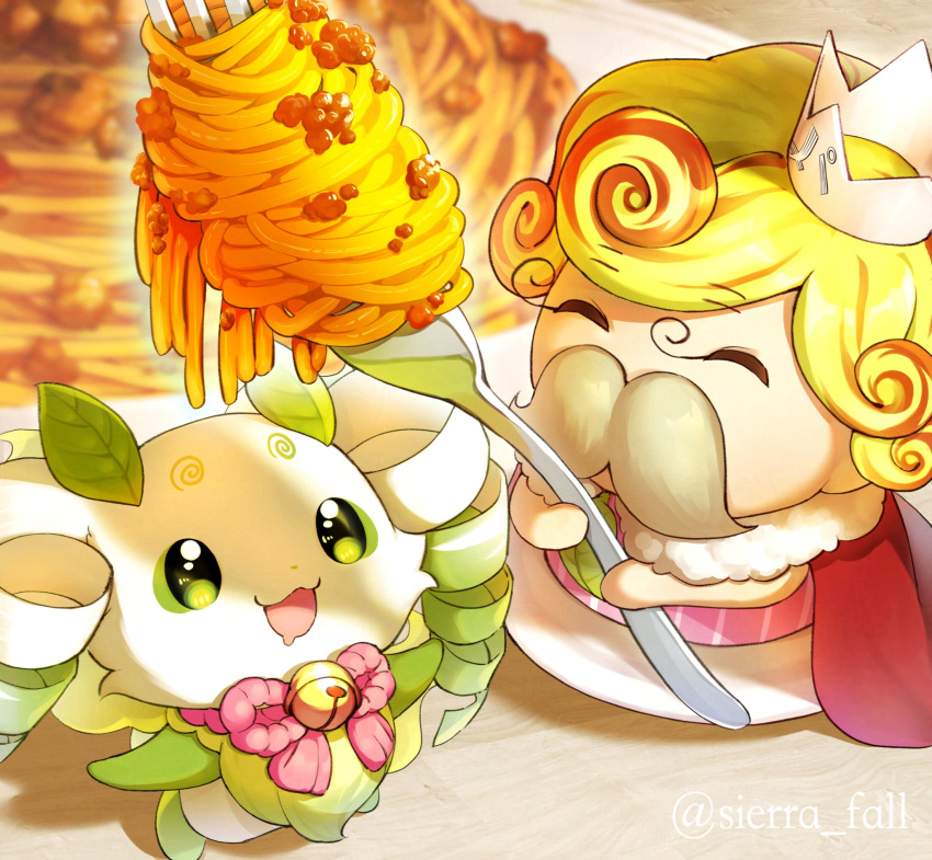 1boy, 1other, :d, ^_^, alternate_color, artist_name, bell, blonde_hair