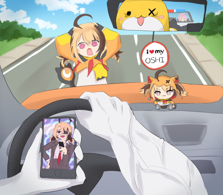 2girls, :3, :d, :o, ahoge, black_gloves, brown_hair, car