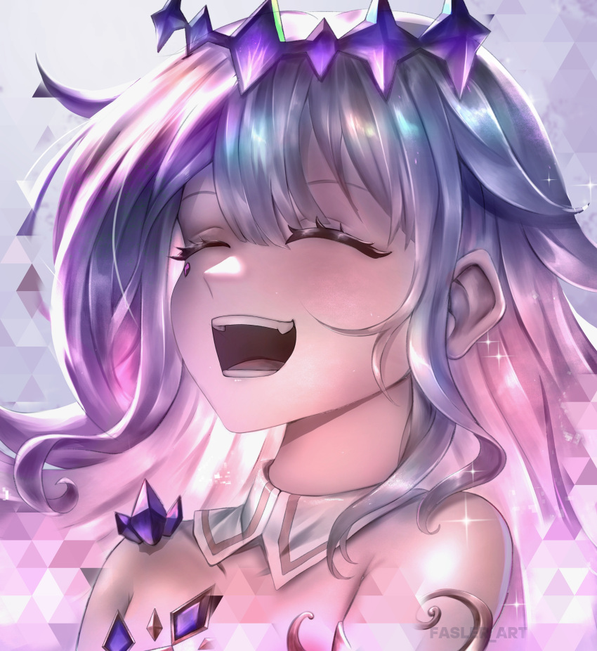 1girl, absurdres, closed_eyes, detached_collar, gem, gradient_hair, grey_hair, highres